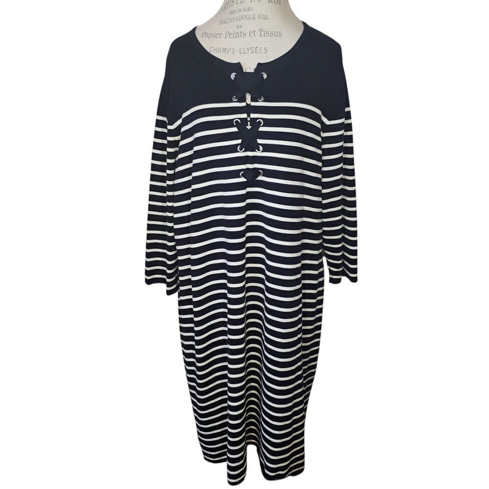 Talbots Midi Dress Womens 3X Navy Blue White Stripe Nautical Classic Coastal